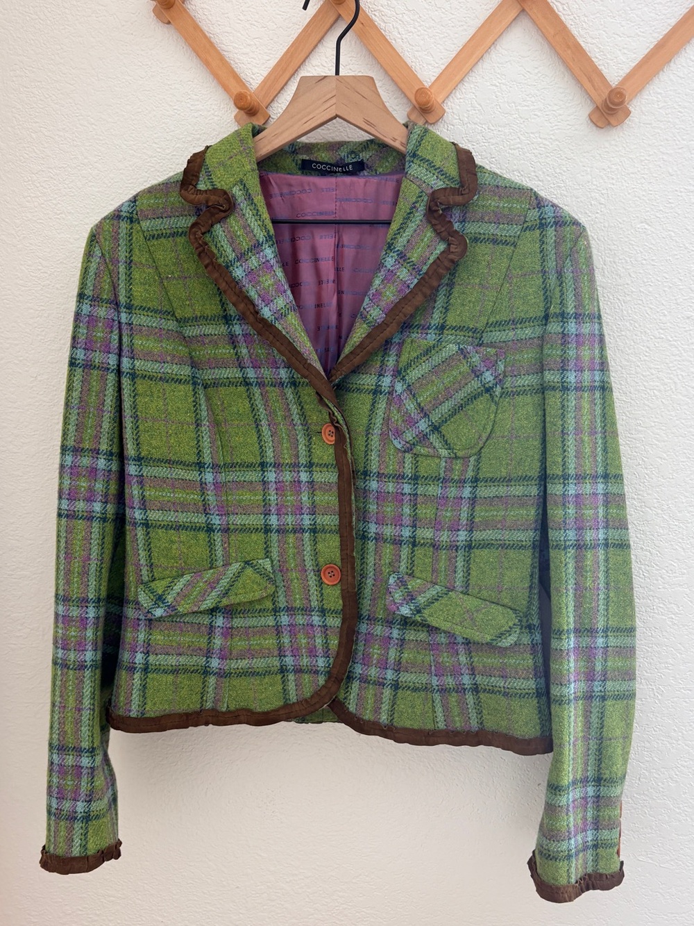Vintage Coccinelle Clueless 90s Preppy Plaid Virgin Lana Wool Blazer Jacket